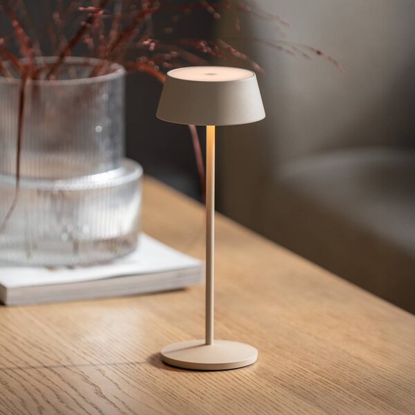 Stolová LED lampa Menton, piesková farba, výška 27 cm, IP54, USB, Krémová / jantárovo žltá, Obývacia izba / jedáleň, Hliník, Moderný, Stojacie svietidlo