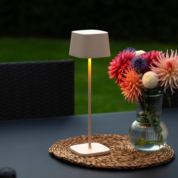Stolová LED lampa Capri na batérie, výška 36 cm, piesková farba, IP54, Krémová / jantárovo žltá, Obývacia izba / jedáleň, Hliník, Moderný, Stojacie svietidlo