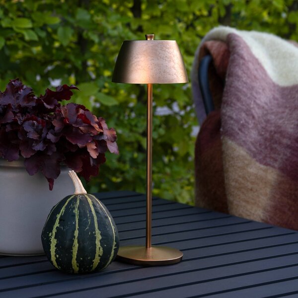 Stolová LED lampa na batérie Eze, matná meď, 32 cm, IP54, USB, Meď, Obývacia izba / jedáleň, Hliník, Moderný, Stojacie svietidlo