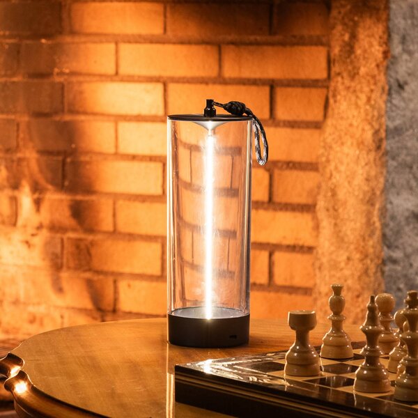Stolová LED lampa Edison na batérie, výška 24 cm, sivá/číra, IP54, Jasné / priehľadné, Obývacia izba / jedáleň, Plast, Moderný