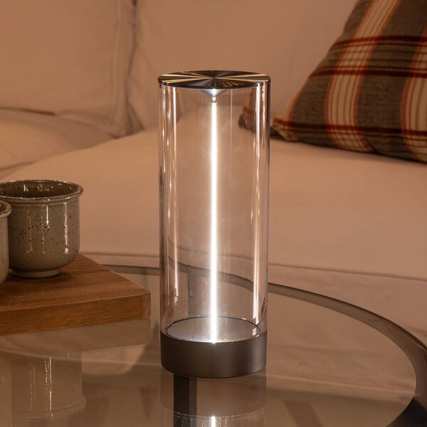 Stolová LED lampa Edison na batérie, výška 24 cm, sivá/číra, IP54, Jasné / priehľadné, Obývacia izba / jedáleň, Plast, Moderný