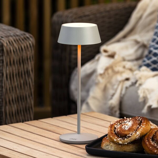 Stolová LED lampa Menton, sivá, výška 27 cm, IP54, USB, Hliník / sivá / zinok, Obývacia izba / jedáleň, Hliník, Moderný, Stojacie svietidlo