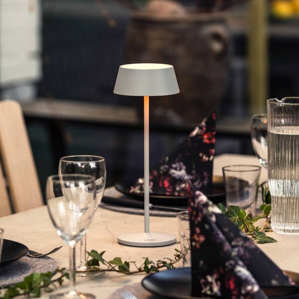 Stolová LED lampa Menton, sivá, výška 27 cm, IP54, USB, Hliník / sivá / zinok, Obývacia izba / jedáleň, Hliník, Moderný, Stojacie svietidlo