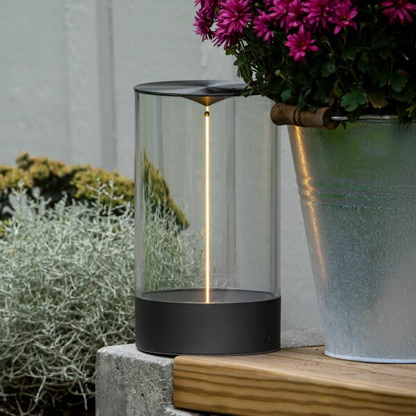 Stolová LED lampa Edison na batérie, výška 23 cm, sivá/číra, IP54, Jasné / priehľadné, Obývacia izba / jedáleň, Plast, Moderný