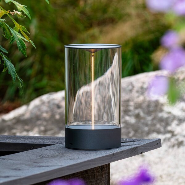 Stolová LED lampa Edison na batérie, výška 23 cm, sivá/číra, IP54, Jasné / priehľadné, Obývacia izba / jedáleň, Plast, Moderný