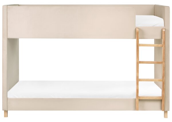Detská poschodová posteľ svetlobéžová zamatové čalúnenie 90 x 200 cm rebrík z topoľového dreva vysoká posteľ detská izba