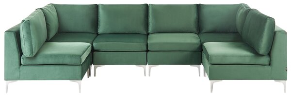 Modulárna pohovka zelená zamatová v tvare U 6-miestna strieborné kovové nohy elegantný štýl