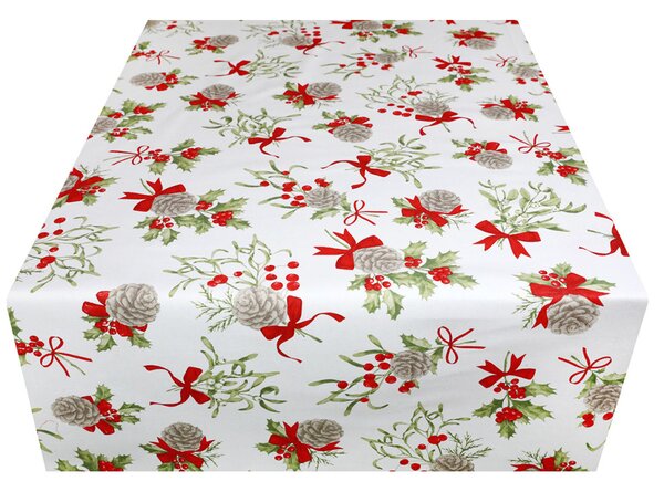 Vianočný behúň na stôl šišky, cezmína a červené mašle na bielom podklade Farba Viacfarebná Rozmery 50x150 cm