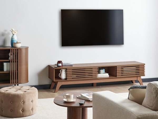 TV stolík tmavohnedá drevotriesková doska 180 x 40 cm s úložnými policami otvor na káble moderný dizajn obývacia izba