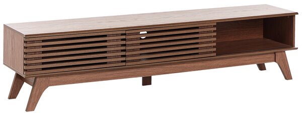 TV stolík tmavohnedá drevotriesková doska 180 x 40 cm s úložnými policami otvor na káble moderný dizajn obývacia izba