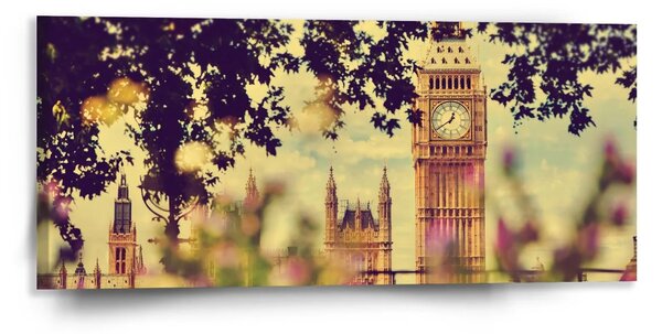 Sablio Obraz Londýn Big Ben Flowers - 110x50 cm
