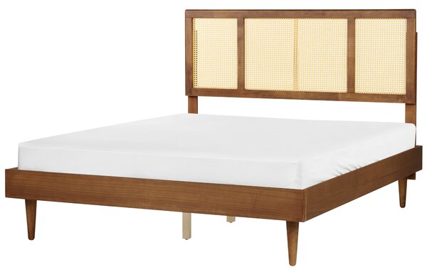 Posteľ svetlé drevo 160 x 200 cm čelo s viedenským výpletom s LED svetlom lamelový rošt minimalistický rustikálny štýl
