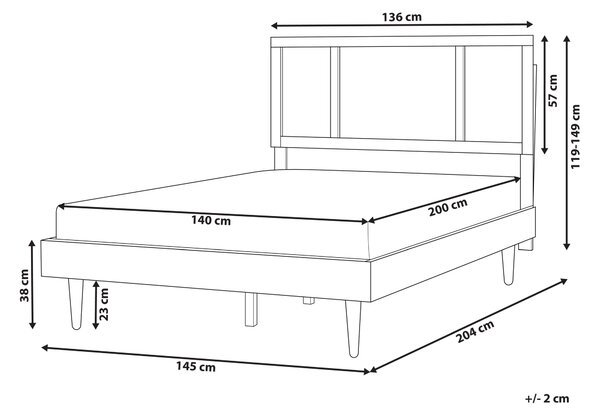 Posteľ svetlé drevo 140 x 200 cm čelo s viedenským výpletom s LED svetlom lamelový rošt minimalistický rustikálny štýl