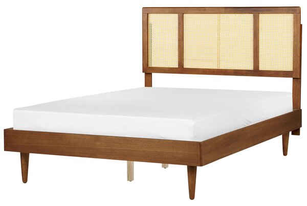 Posteľ svetlé drevo 140 x 200 cm čelo s viedenským výpletom s LED svetlom lamelový rošt minimalistický rustikálny štýl