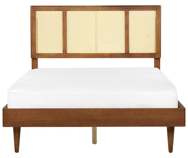 Posteľ svetlé drevo 140 x 200 cm čelo s viedenským výpletom s LED svetlom lamelový rošt minimalistický rustikálny štýl