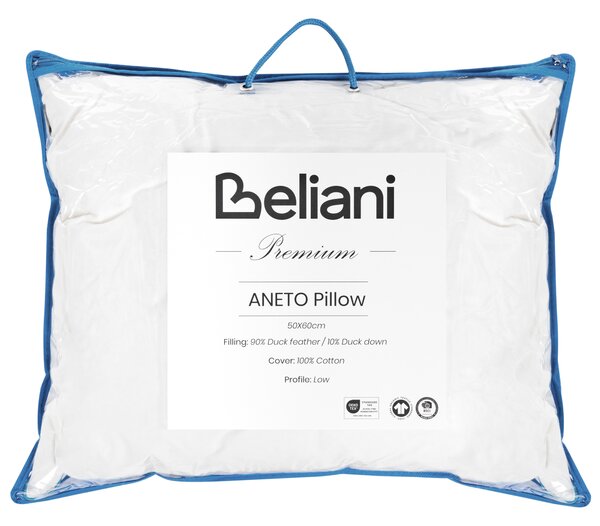 Vankúš na spanie biely nízky kačacie perie a páperie 50 x 60 cm prémiový bavlnený poťah prírodná výplň