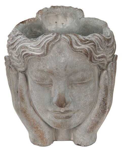 Šedý cementový kvetináč hlava dievčatá v dlaniach - 14*16*17 cm - Clayre & Eef