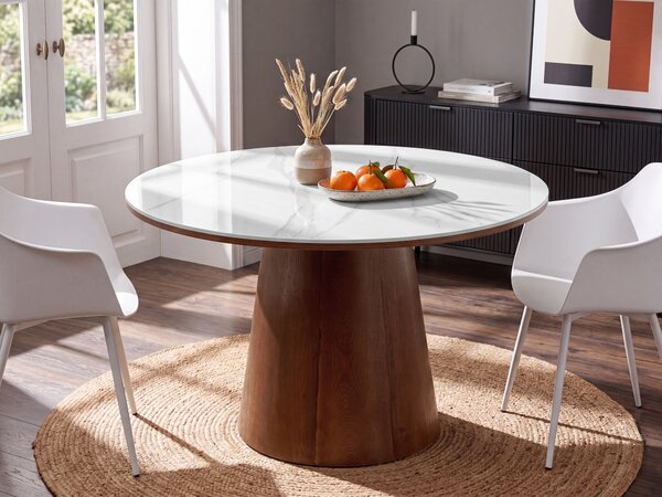 Jedálenský stôl biely MDF keramická vrchná doska dyha z tmavého jaseňa 120 cm okrúhly tvar minimalistický štýl kuchyňa jedáleň