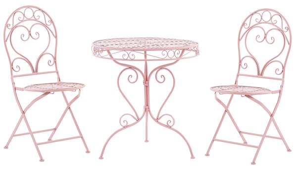 Záhradná bistro sada ružová kovová zo železa 3 dielna súprava stôl a 2 stoličky moderný nábytok na balkón a terasu