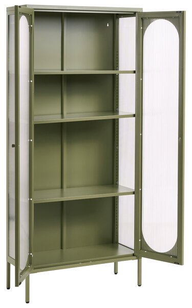 Vitrína zelená oceľ sklo 35 x 80 x 181 cm práškové lakovanie s dvierkami na nožičkách moderný industriálny štýl obývačka kancelária
