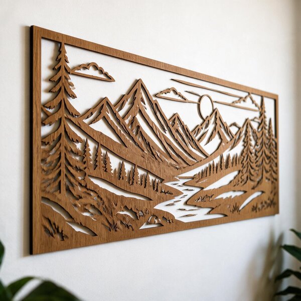 Drevená nástenná dekorácia z pravého dubového dreva – Výhľad na hory Spania