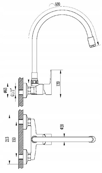 Invena Verso, nástenná kuchynská batéria 150mm s elastickým ramenom, biela-chrómová, INV-BC-82-E2S-L