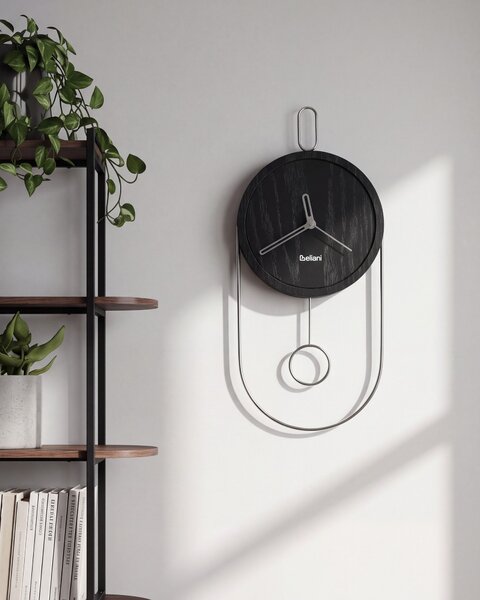 Nástenné hodiny čierna MDF kov 20 x 45 cm dizajn bez čísel s kyvadlom moderný štýl obývacia izba doplnky