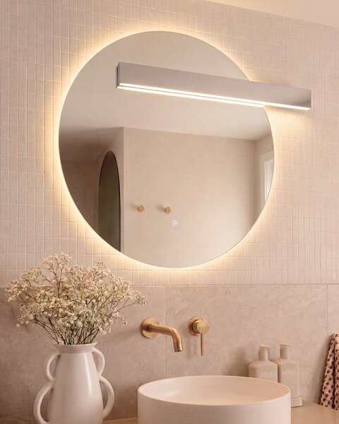 Nástenné závesné zrkadlo s LED osvetlením strieborné okrúhly tvar 90 x 80 cm moderný štýl kúpeľňa spálňa