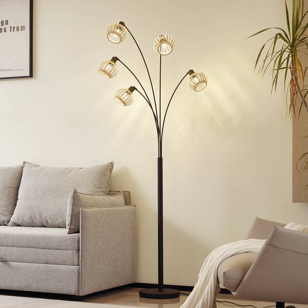 Stojacia lampa Lindby Lielle, prírodný bambus, 5 svetiel, 190 cm, Svetlé drevo, Obývacia izba / jedáleň, Bambus, Vidiecky / Rustikálny, Stolová lampa