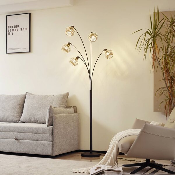 Stojacia lampa Lindby Lielle, prírodný bambus, 5 svetiel, 190 cm, Svetlé drevo, Obývacia izba / jedáleň, Bambus, Vidiecky / Rustikálny, Stolová lampa