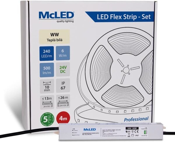 McLED LED páska - sada 4 m, 240 LED/m, WW, 6 W/m, DC 24V, 500 lm/m, CRI90, IP67, 10 mm, vodič 3 m ML-126.034.90.S04001