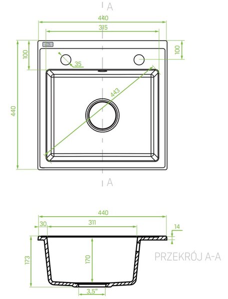 Laveo Trzynastka, 1-komorový granitový drez 440x440x173 mm, čierna škvrnitá, LAV-SBP_710T