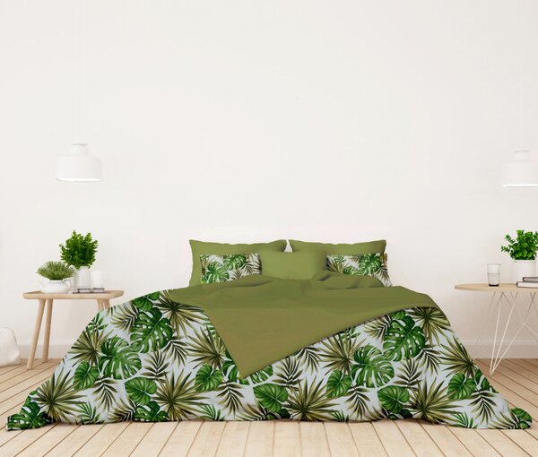 Ervi bavlnené obliečky DUO - Monstera zelená/svetlo olivové
