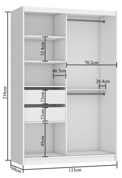 Šatníková skriňa 133 cm Belini čierny mat / dub wotan s posuvnými dverami zrkadlom a zásuvkami
