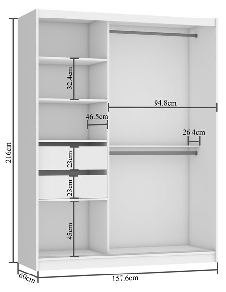 Šatníková skriňa 158 cm Belini čierny mat / biely lesk s posuvnými dverami zrkadlom a zásuvkami