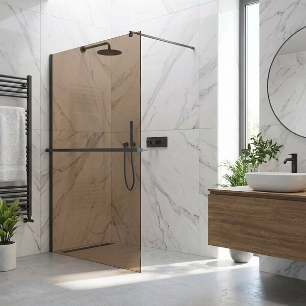 CERANO - Sprchová zástena Walk-in Onyx Round Ľ/P - 8 mm + polička / držiak na uteráky - okrúhla vzpera - čierna matná, bronzové sklo - 50x200 cm