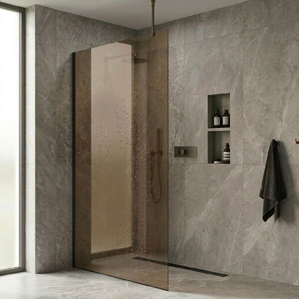 CERANO - Sprchová zástena Walk-in Onyx Top Round Ľ/P - 8 mm - okrúhla vzpera - čierna matná, bronzové sklo - 50x200 cm