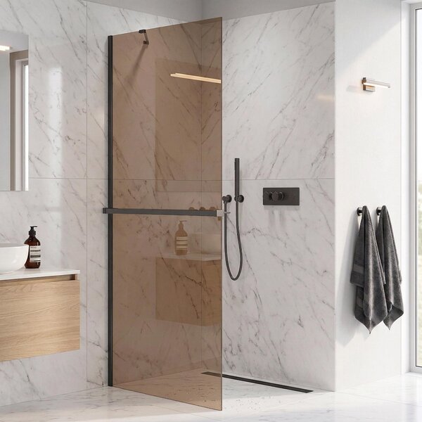 CERANO - Sprchová zástena Walk-in Onyx YL/P - 8 mm + polička / držiak na uteráky - čierna matná, bronzové sklo - 50x200 cm