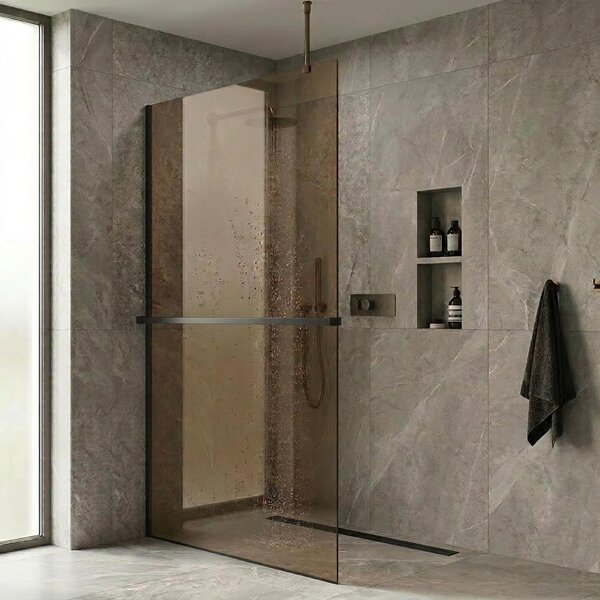 CERANO - Sprchová zástena Walk-in Onyx Top Round Ľ/P - 8 mm - okrúhla vzpera + polička/držiak na uteráky - čierna matná, bronzové sklo - 50x200 cm