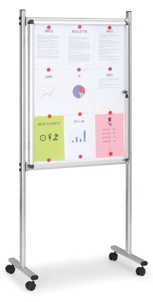 Vnútorná vitrína na stojane, 720 x 980 mm, magnetická, jednostranná, s kolieskami