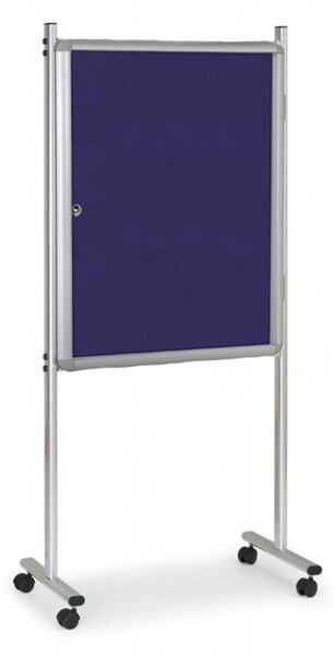 Vnútorná vitrína na stojane, 720 x 980 mm, textilná, modrá, jednostranná, s kolieskami