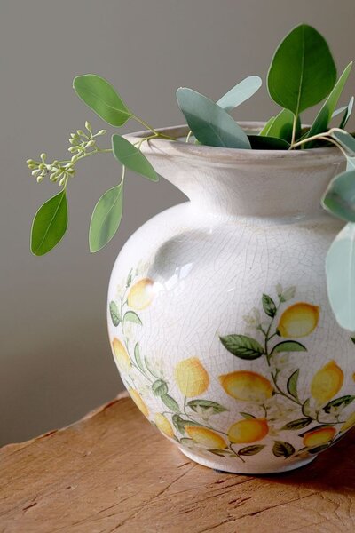 Béžový antik keramický džbán s citrónmi Limone Blossom - 20,5 * 18,5 cm - Chic Antique
