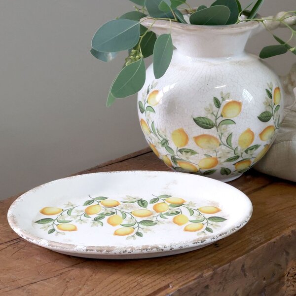 Béžový antik keramický podnos s kvetmi Fleurville - 25*18*2 cm - Chic Antique