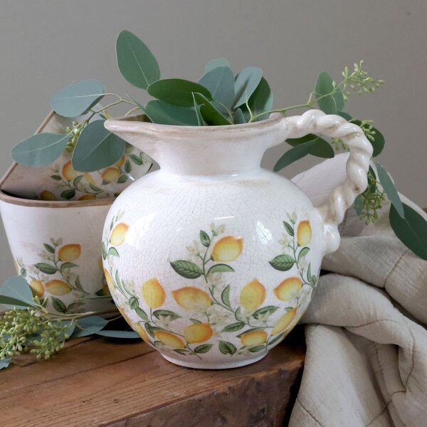 Béžový antik keramický džbán s citrónmi Limone Blossom - 20,5 * 18,5 cm - Chic Antique