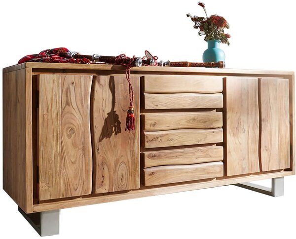 DELIFE Komoda Live-Edge 147 cm akácia prírodná 3 zásuvky 2 dvierka