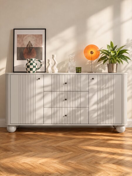 Komoda so zásuvkami Vesper 160 cm - kašmír / čierne úchytky / guľové nohy