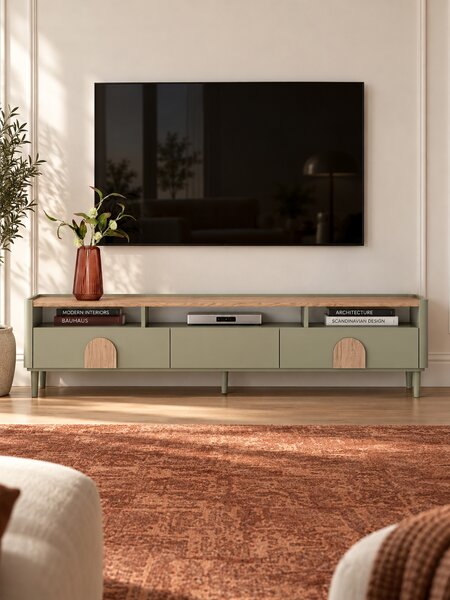 TV skrinka Amilio 200 cm na nožičkách - eukalyptus / dub baltic dune / úchytky dub prírodný