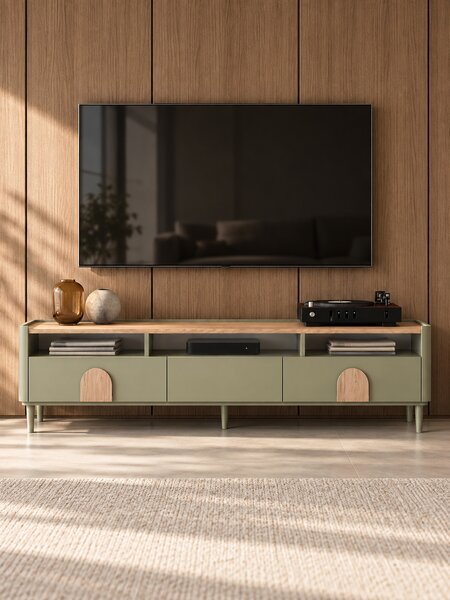 TV skrinka Amilio 200 cm na nožičkách - eukalyptus / dub baltic dune / úchytky dub prírodný
