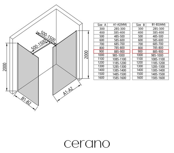 CERANO - Sprchová zástena Walk-in Onyx T L/P - 8 mm - hranatá vzpera - chróm, industriálne sklo - 90x90x200 cm