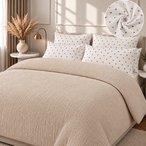 Mušelínové obliečky Beige Hearts Rozmer obliečok: Detský rozmer 90x135 cm, Obsah balenia: Set Balenie